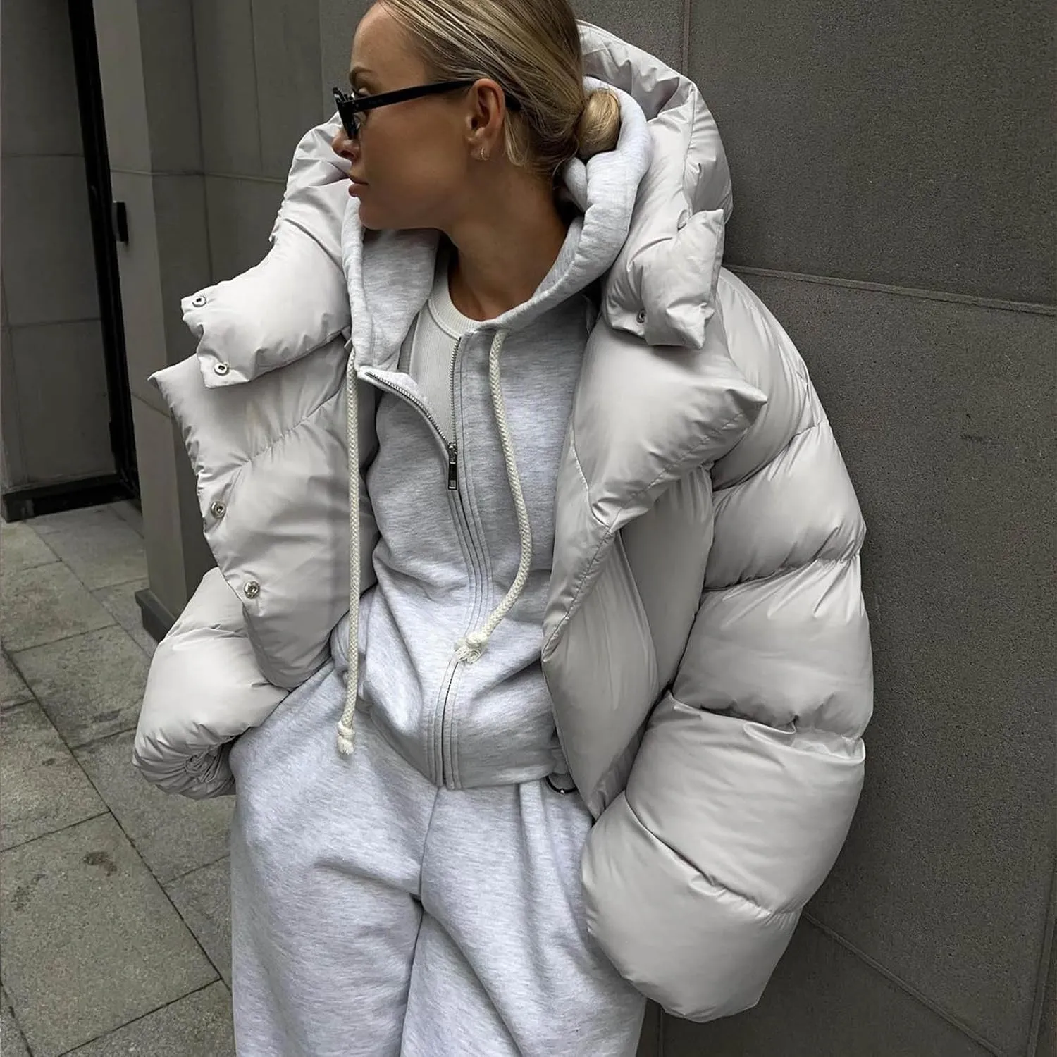 Women Trendy Stand Collar Puffer Jacket Warm Winter Turtleneck Coats Hooded Cardigan Down Puffy Bread Outwear