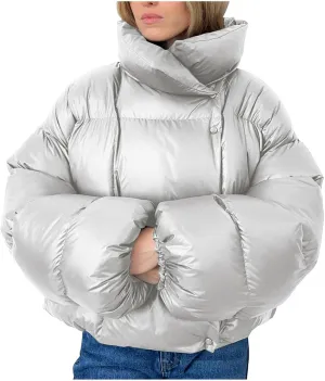 Women Trendy Stand Collar Puffer Jacket Warm Winter Turtleneck Coats Hooded Cardigan Down Puffy Bread Outwear