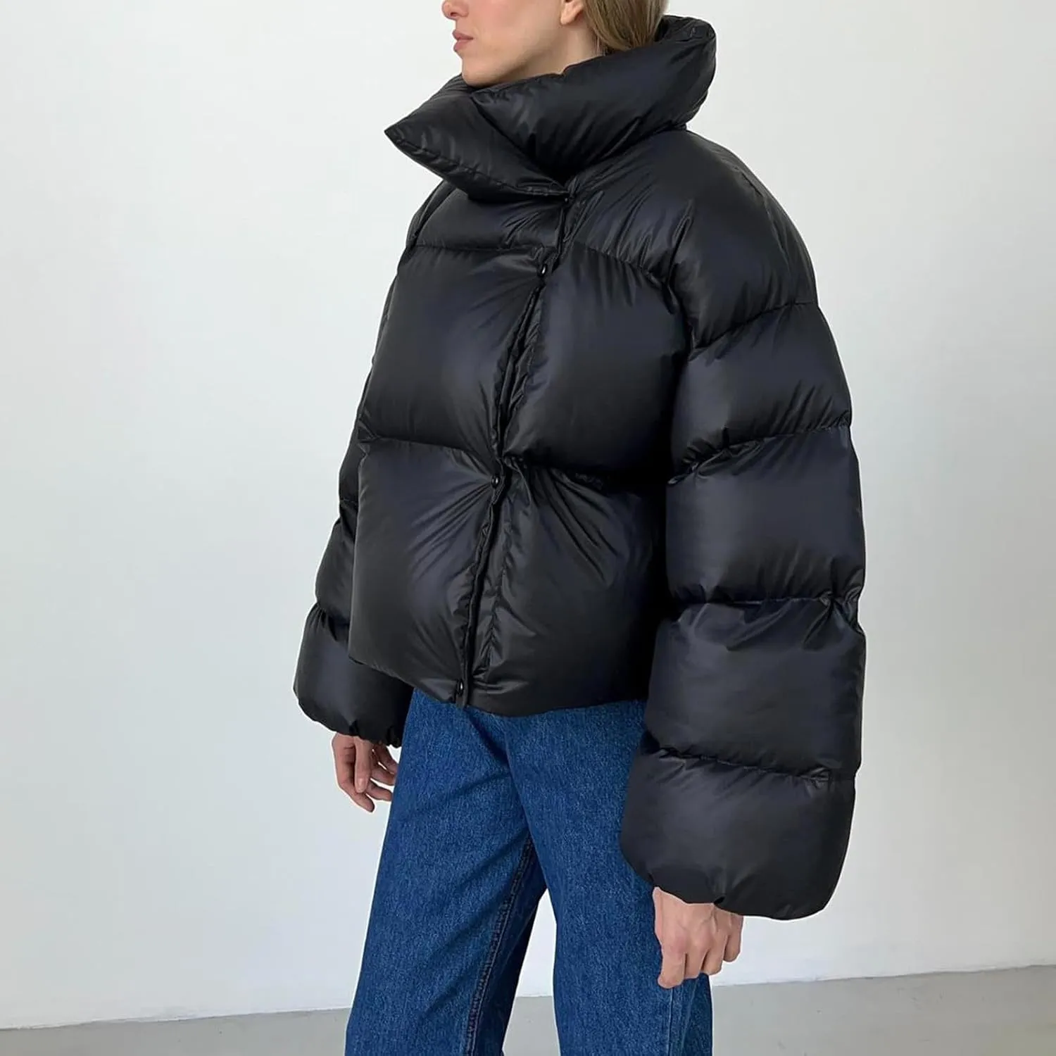 Women Trendy Stand Collar Puffer Jacket Warm Winter Turtleneck Coats Hooded Cardigan Down Puffy Bread Outwear