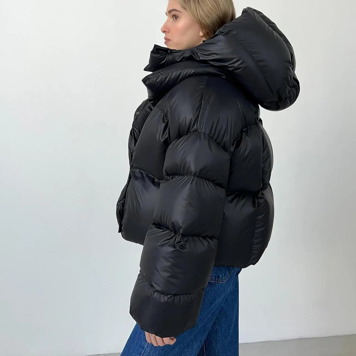 Women Trendy Stand Collar Puffer Jacket Warm Winter Turtleneck Coats Hooded Cardigan Down Puffy Bread Outwear