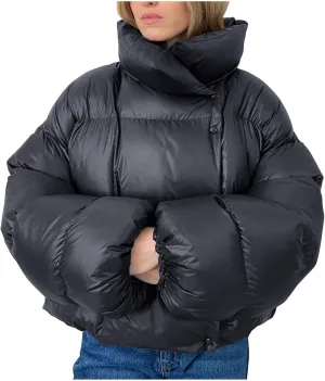 Women Trendy Stand Collar Puffer Jacket Warm Winter Turtleneck Coats Hooded Cardigan Down Puffy Bread Outwear