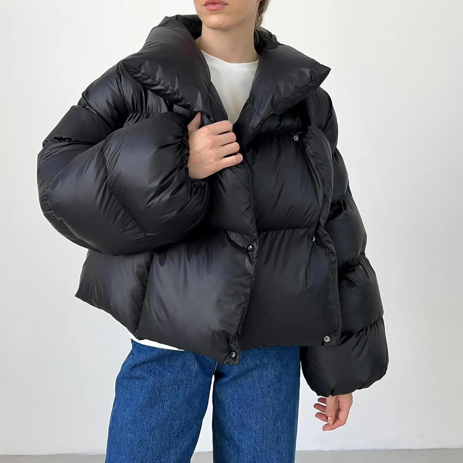 Women Trendy Stand Collar Puffer Jacket Warm Winter Turtleneck Coats Hooded Cardigan Down Puffy Bread Outwear