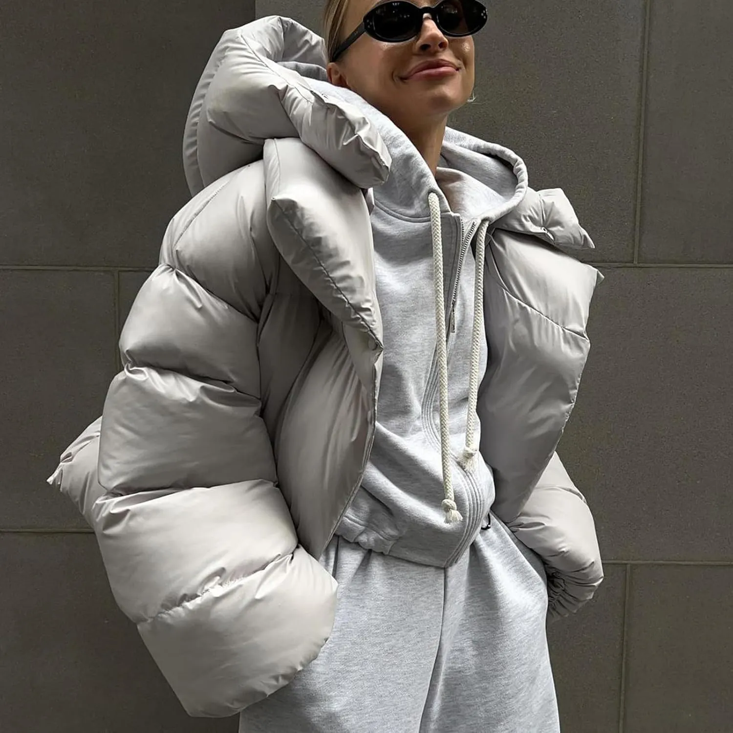 Women Trendy Stand Collar Puffer Jacket Warm Winter Turtleneck Coats Hooded Cardigan Down Puffy Bread Outwear
