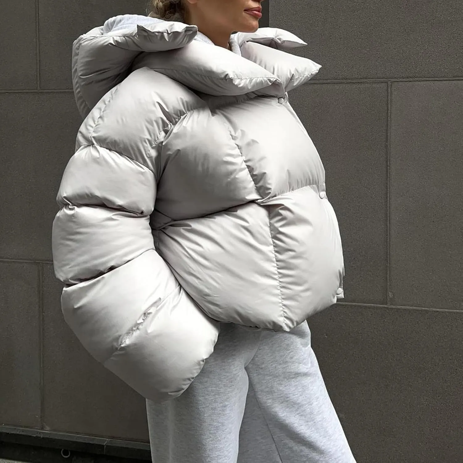 Women Trendy Stand Collar Puffer Jacket Warm Winter Turtleneck Coats Hooded Cardigan Down Puffy Bread Outwear