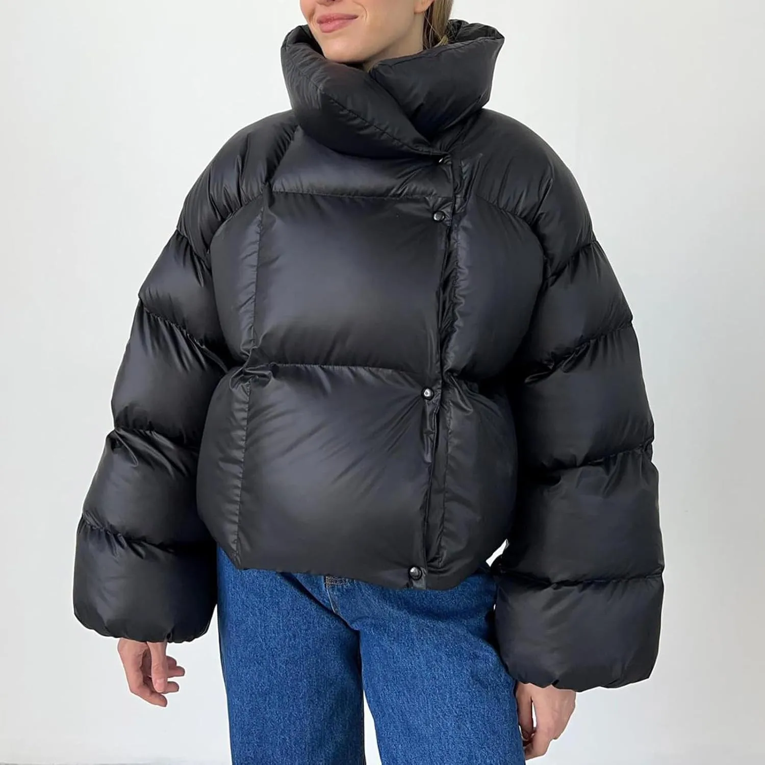 Women Trendy Stand Collar Puffer Jacket Warm Winter Turtleneck Coats Hooded Cardigan Down Puffy Bread Outwear