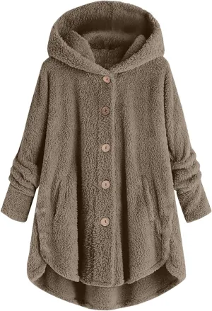 Women Winter Plush Coats Plus Size Button Hooded Cardigan Coat Loose Casual Outerwear Fleece Wool Jacket