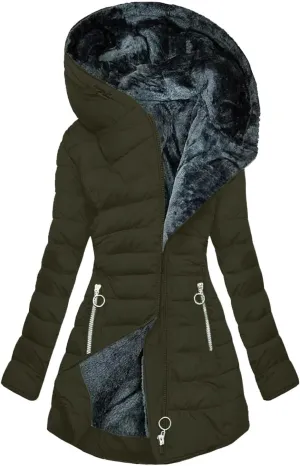 Women Winter Warm Coats Plush Fleece Lined Jackets with Pockets Zip Up Hoodie Quilted Puffer Padded Overcoat