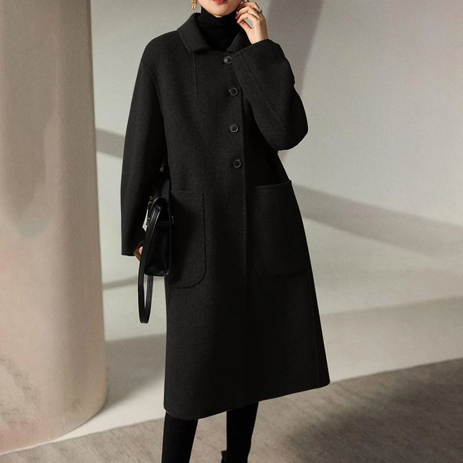 Women Wool Blend Jackets Winter Pea Coat Lapel Single Breasted Outerwear Jacket Long Trench Coat Open Front Cardigan