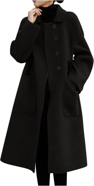 Women Wool Blend Jackets Winter Pea Coat Lapel Single Breasted Outerwear Jacket Long Trench Coat Open Front Cardigan