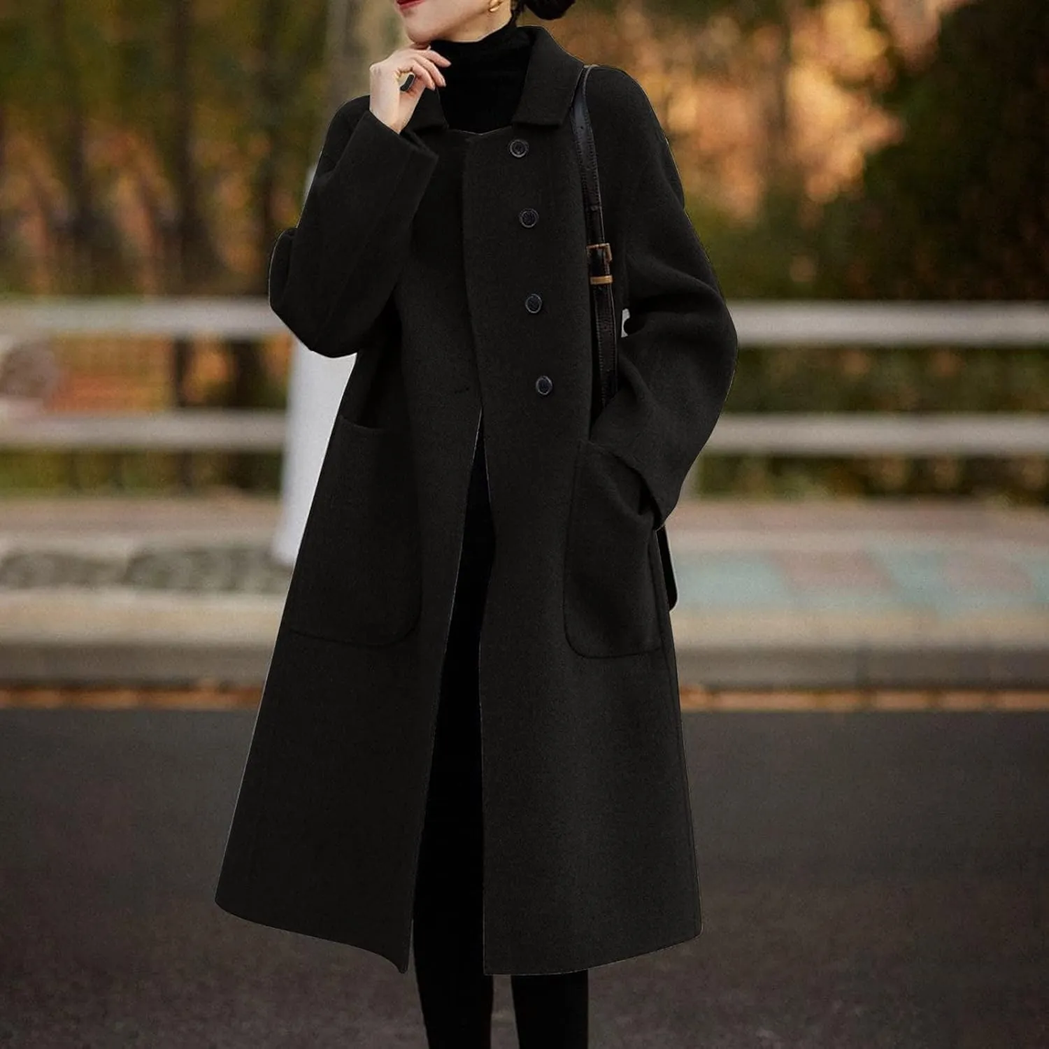 Women Wool Blend Jackets Winter Pea Coat Lapel Single Breasted Outerwear Jacket Long Trench Coat Open Front Cardigan