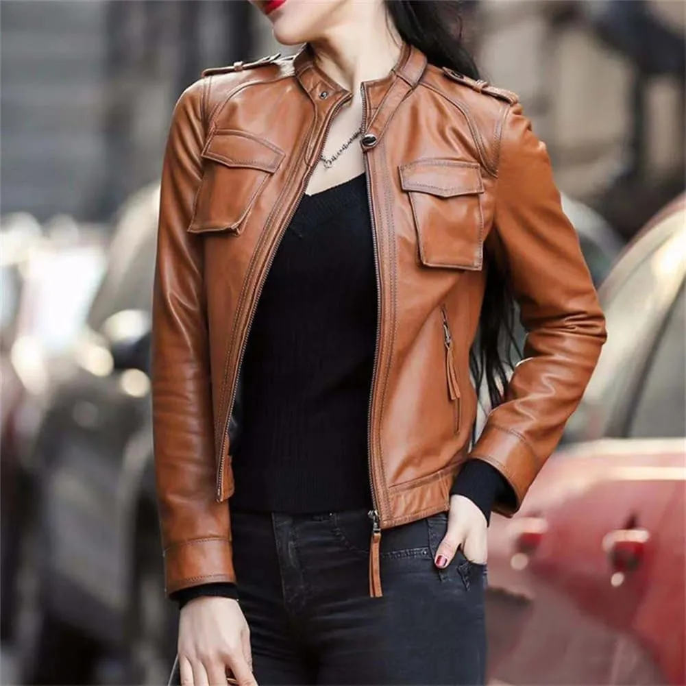 Womens 100% Sheepskin Short Jacket Long Sleeve Moto Biker Jackets Vintage Slim Leather Jackets