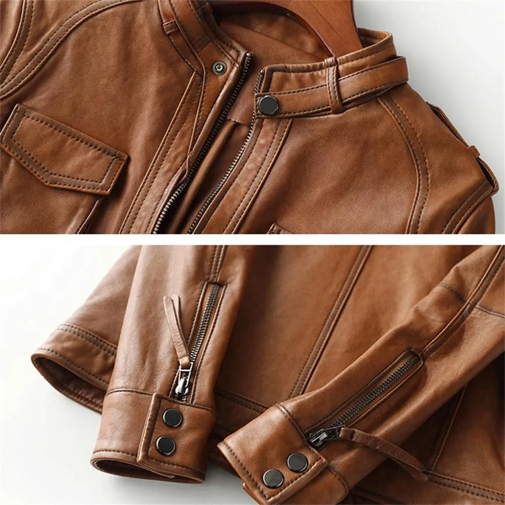 Womens 100% Sheepskin Short Jacket Long Sleeve Moto Biker Jackets Vintage Slim Leather Jackets