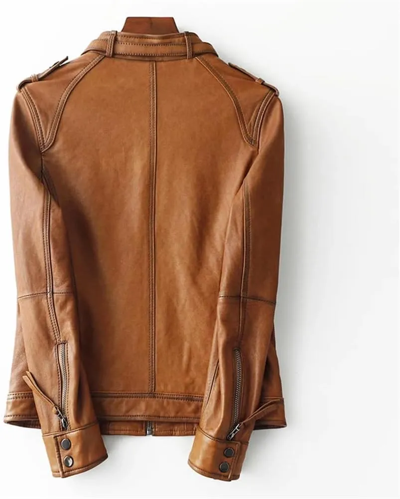 Womens 100% Sheepskin Short Jacket Long Sleeve Moto Biker Jackets Vintage Slim Leather Jackets