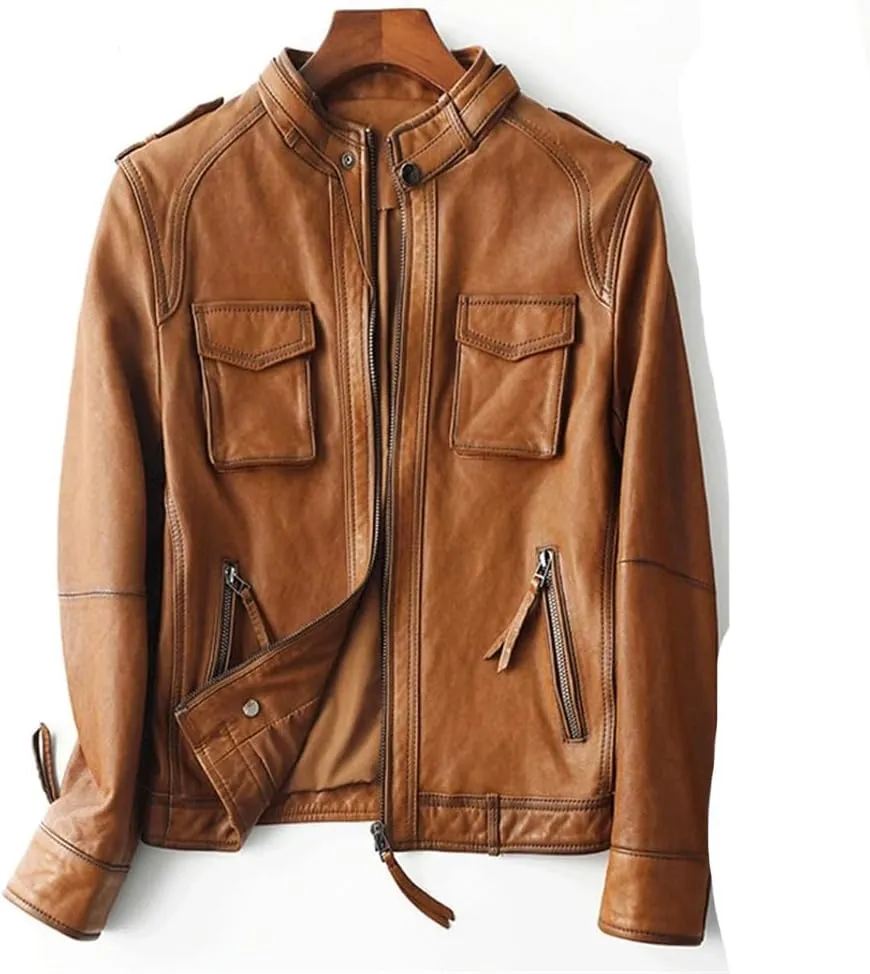 Womens 100% Sheepskin Short Jacket Long Sleeve Moto Biker Jackets Vintage Slim Leather Jackets