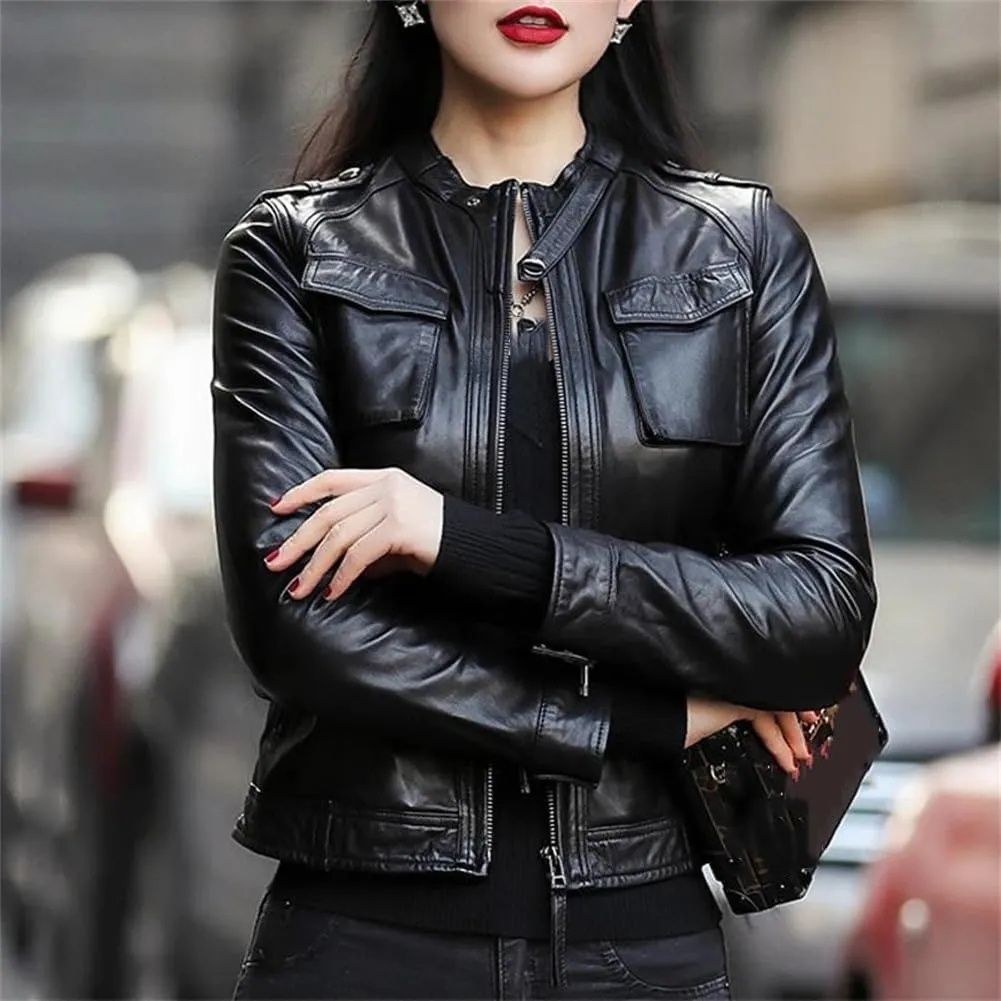 Womens 100% Sheepskin Short Jacket Long Sleeve Moto Biker Jackets Vintage Slim Leather Jackets