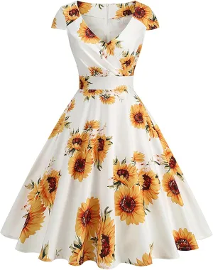 Womens 1950s Vintage Dress Cute Cherry Print V Neck Cap Sleeve Cocktail Party A-Line Summer Swing Dress