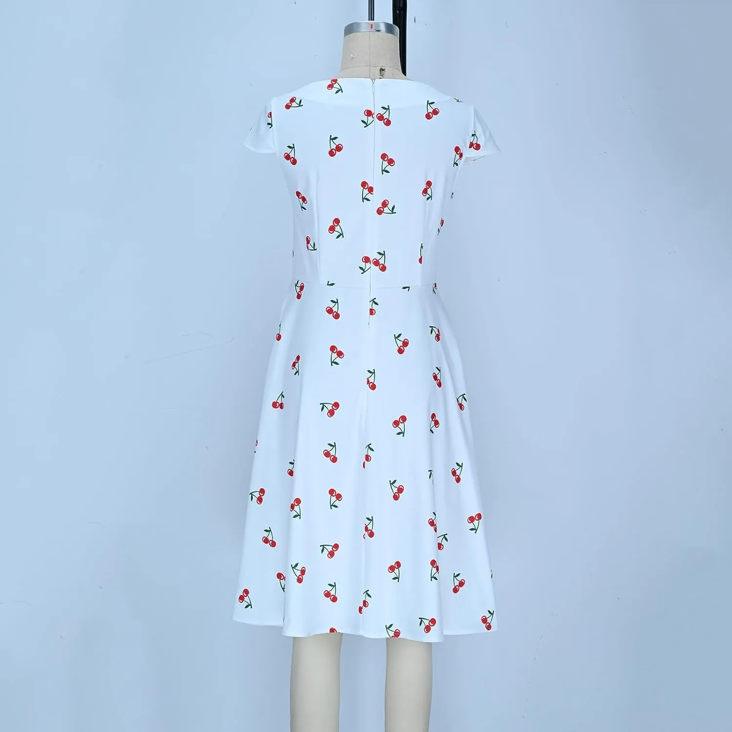Womens 1950s Vintage Dress Cute Cherry Print V Neck Cap Sleeve Cocktail Party A-Line Summer Swing Dress