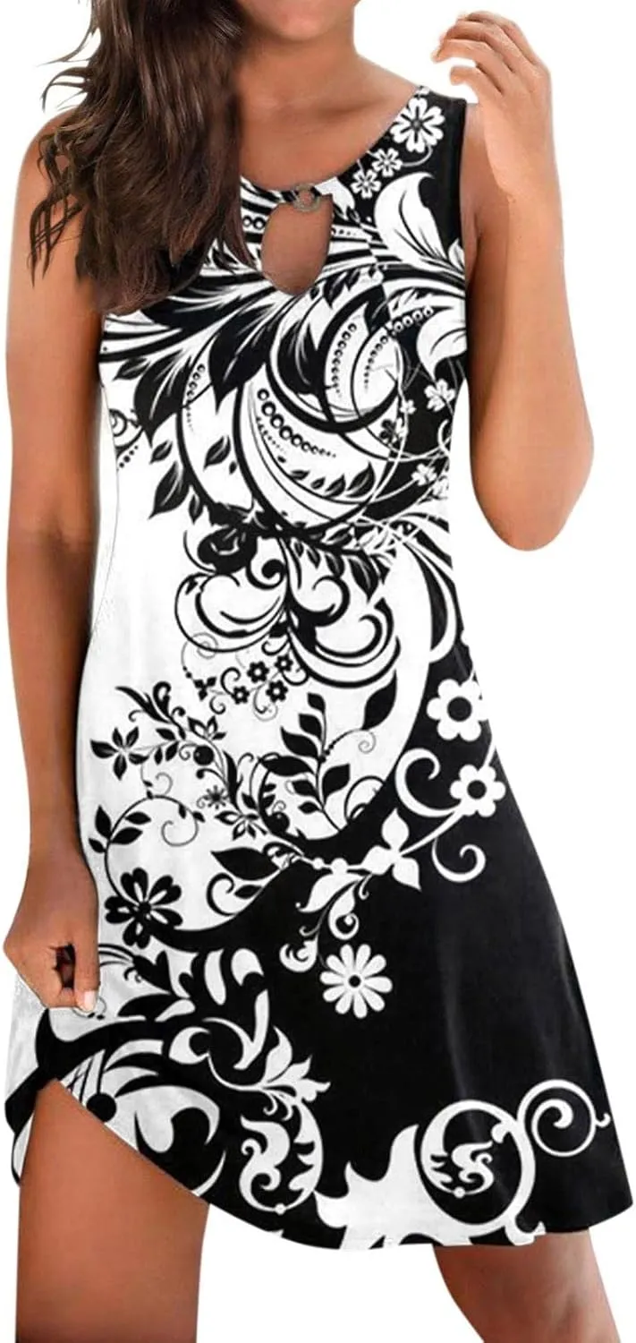 Womens 2023 Summer Tank Dress Sleeveless Keyhole Hollow Round Neck Boho Printed Hem Swing Short Mini Sundress Casual Loose