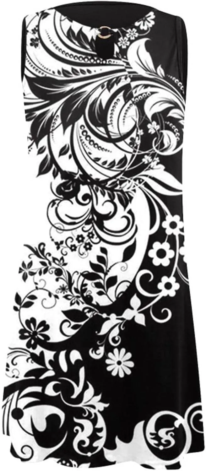 Womens 2023 Summer Tank Dress Sleeveless Keyhole Hollow Round Neck Boho Printed Hem Swing Short Mini Sundress Casual Loose