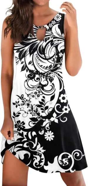 Womens 2023 Summer Tank Dress Sleeveless Keyhole Hollow Round Neck Boho Printed Hem Swing Short Mini Sundress Casual Loose