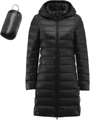 Womens 2024 Winter Long Coats Lightweight Packable Warm Puffer Jacket Hooded Removable Qulited Jackets Casual Outwear