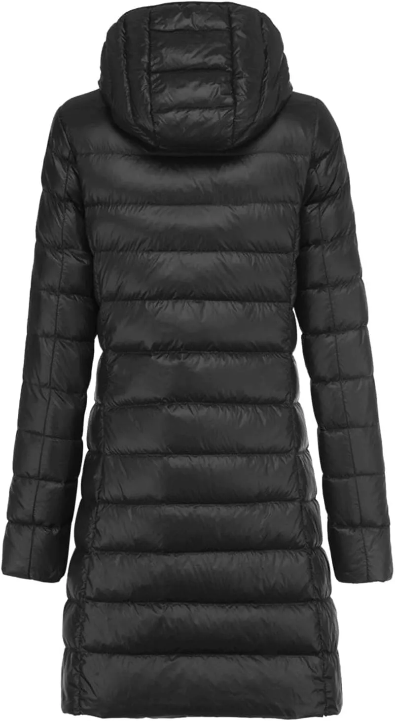 Womens 2024 Winter Long Coats Lightweight Packable Warm Puffer Jacket Hooded Removable Qulited Jackets Casual Outwear