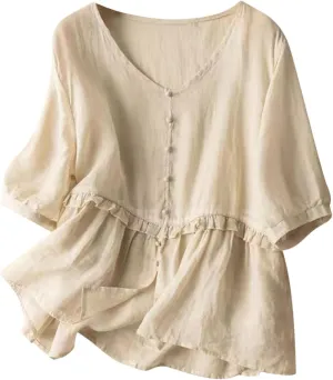 Women's 3/4 Sleeve Tops Cotton Linen Blouses Dressy Casual V Neck Tunic Shirts Summer Fashion Loose Fit Cute T Shirt
