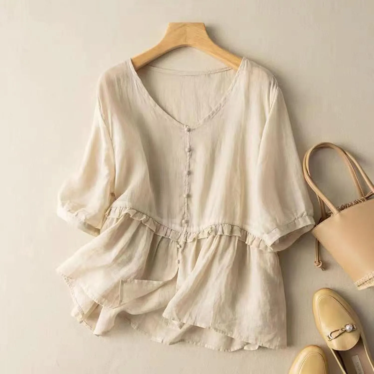 Women's 3/4 Sleeve Tops Cotton Linen Blouses Dressy Casual V Neck Tunic Shirts Summer Fashion Loose Fit Cute T Shirt