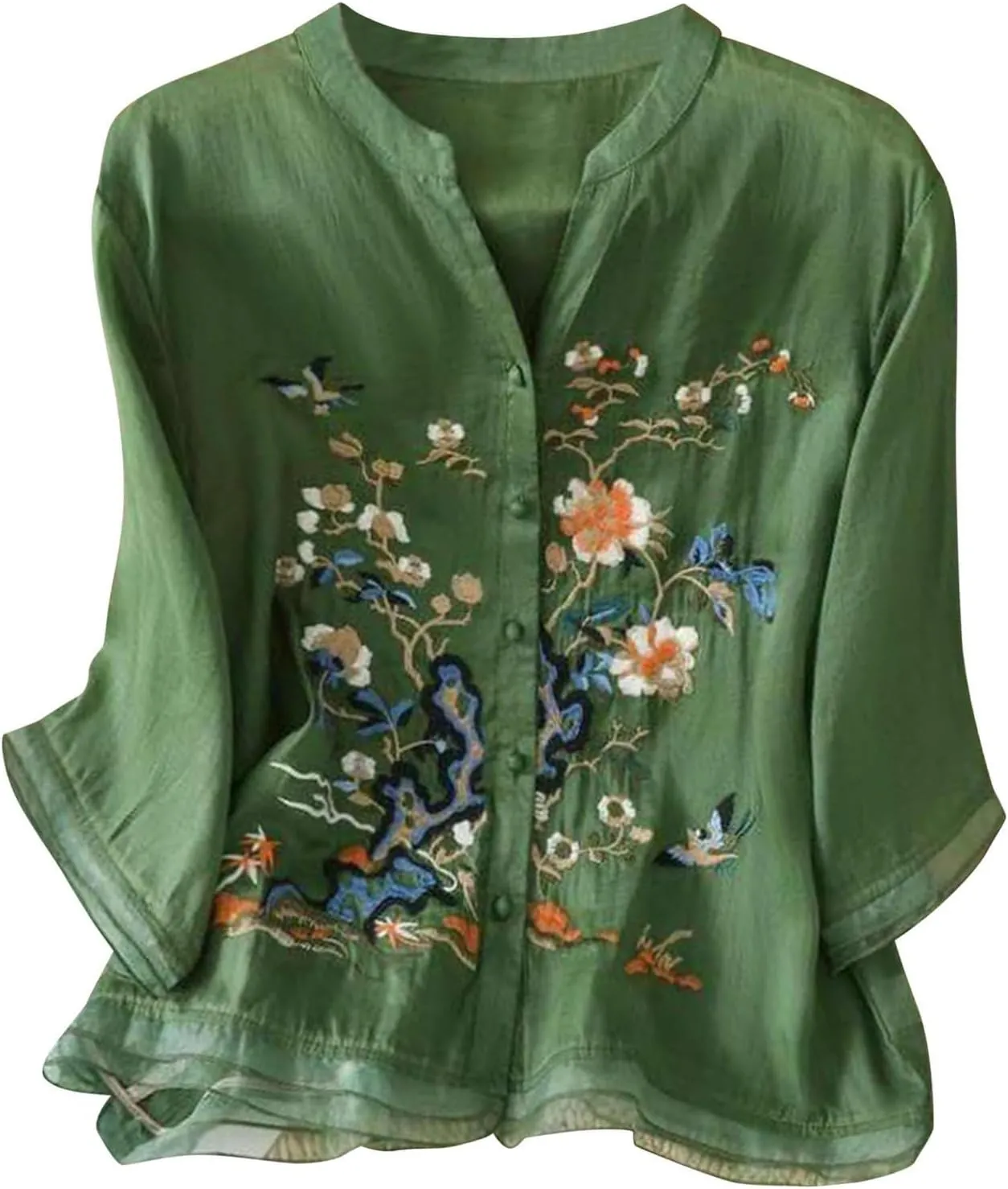 Women's 3/4 Sleeve Tops Trendy Summer 2025 Cotton Linen Floral Print T-Shirts Casual Loose Fit Blouses Vacation Outfits