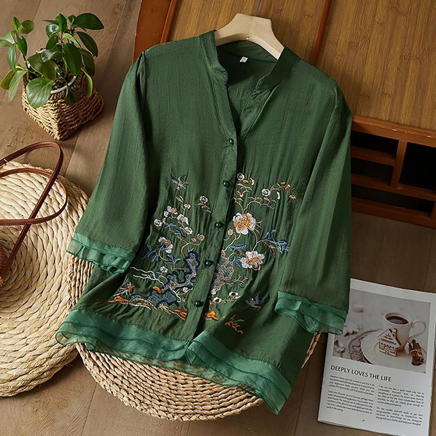 Women's 3/4 Sleeve Tops Trendy Summer 2025 Cotton Linen Floral Print T-Shirts Casual Loose Fit Blouses Vacation Outfits