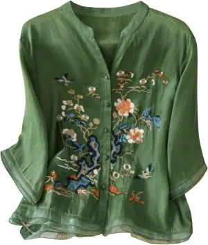 Women's 3/4 Sleeve Tops Trendy Summer 2025 Cotton Linen Floral Print T-Shirts Casual Loose Fit Blouses Vacation Outfits
