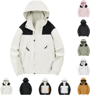 Women's Athletic Jackets Raincoat Patchwork Hooded Waterproof Soft Shell Jackets Womens Windproof Hiking Raincoat