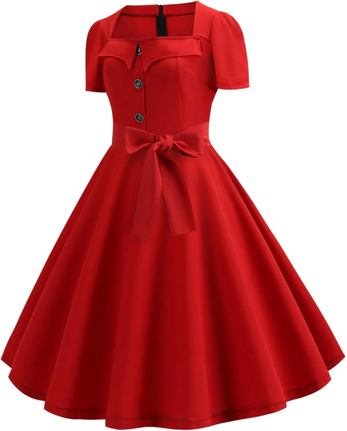 Womens Audrey Hepburn Style 1950s Retro Cocktail Swing Dress Vintage Square Neck Short Sleeve Bow A line Party Dress