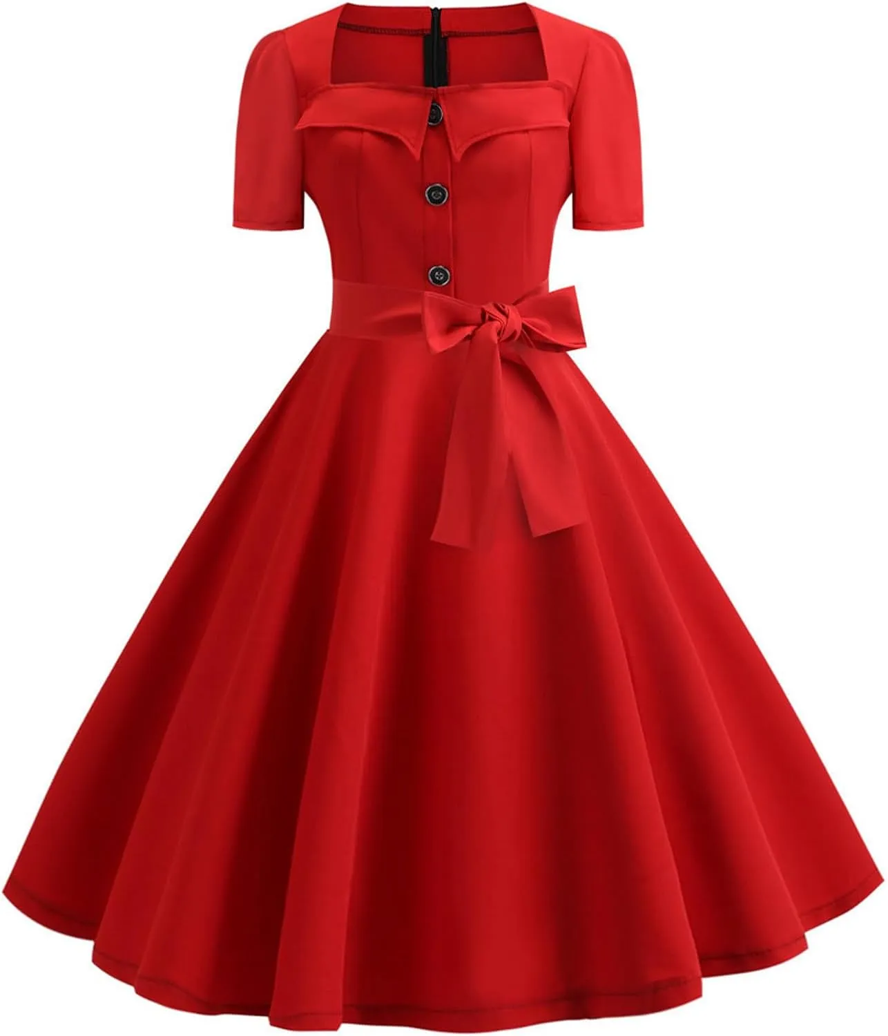 Womens Audrey Hepburn Style 1950s Retro Cocktail Swing Dress Vintage Square Neck Short Sleeve Bow A line Party Dress