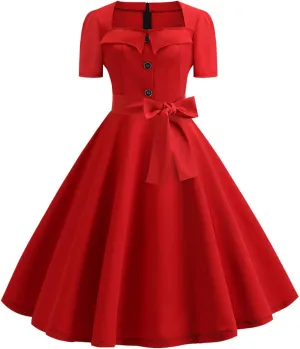 Womens Audrey Hepburn Style 1950s Retro Cocktail Swing Dress Vintage Square Neck Short Sleeve Bow A line Party Dress