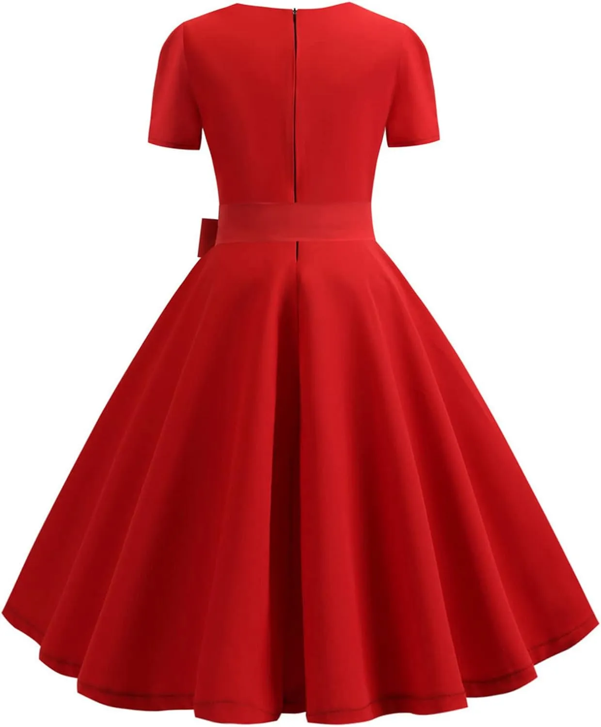 Womens Audrey Hepburn Style 1950s Retro Cocktail Swing Dress Vintage Square Neck Short Sleeve Bow A line Party Dress