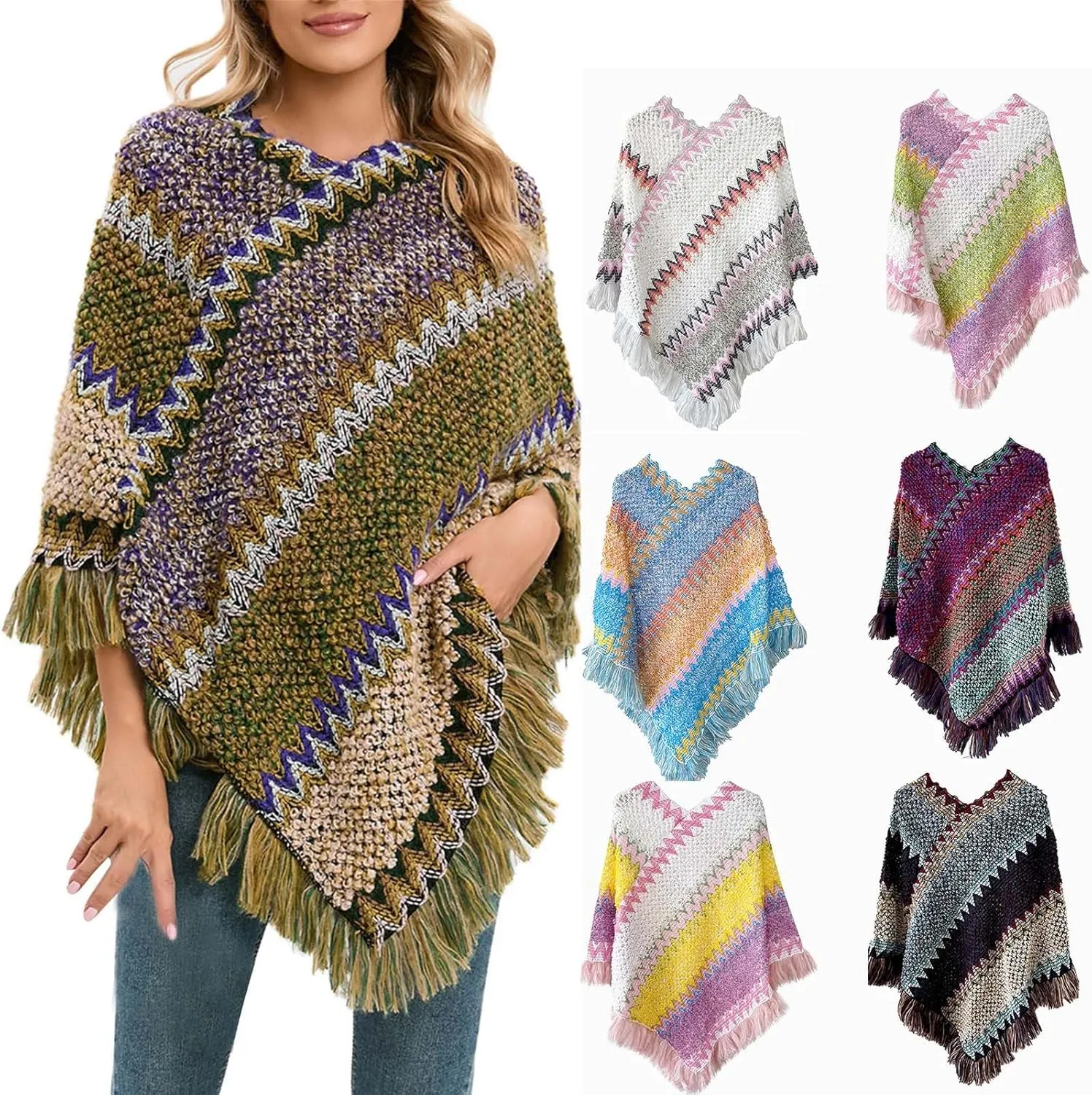 Womens Blanket Open Front Poncho Sweater Scarf Wrap Knitted Elegant Shawls Cape Warm Long Cardigan Coat for Fall Winter