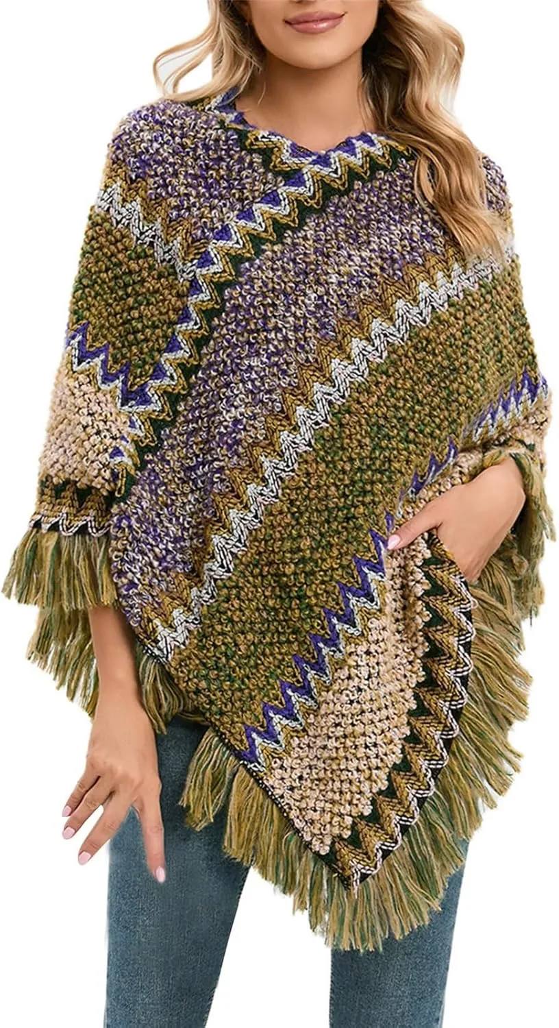 Womens Blanket Open Front Poncho Sweater Scarf Wrap Knitted Elegant Shawls Cape Warm Long Cardigan Coat for Fall Winter