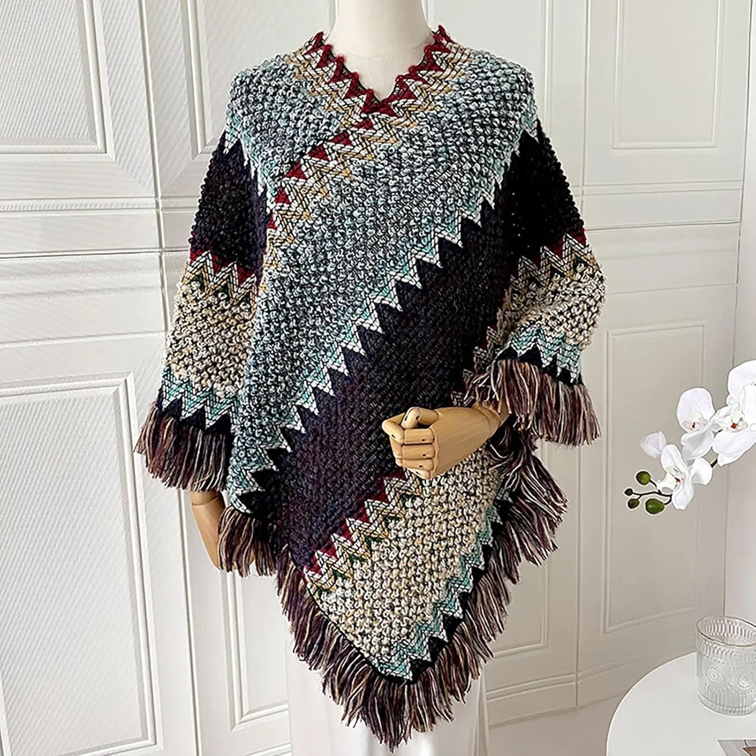 Womens Blanket Open Front Poncho Sweater Scarf Wrap Knitted Elegant Shawls Cape Warm Long Cardigan Coat for Fall Winter
