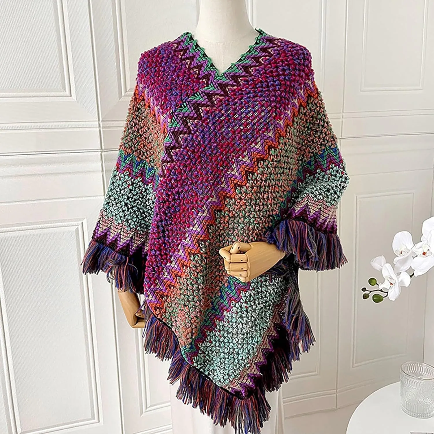 Womens Blanket Open Front Poncho Sweater Scarf Wrap Knitted Elegant Shawls Cape Warm Long Cardigan Coat for Fall Winter