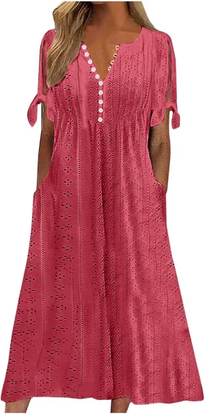 Womens Bohemian Maxi Long Dress V Neck Beach Vacation Dresses Flowy Fashion Casual Travel Outfits with Pockets