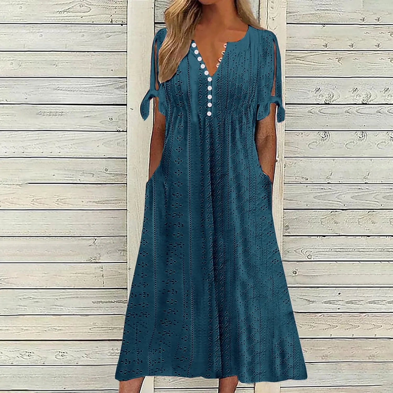 Womens Bohemian Maxi Long Dress V Neck Beach Vacation Dresses Flowy Fashion Casual Travel Outfits with Pockets