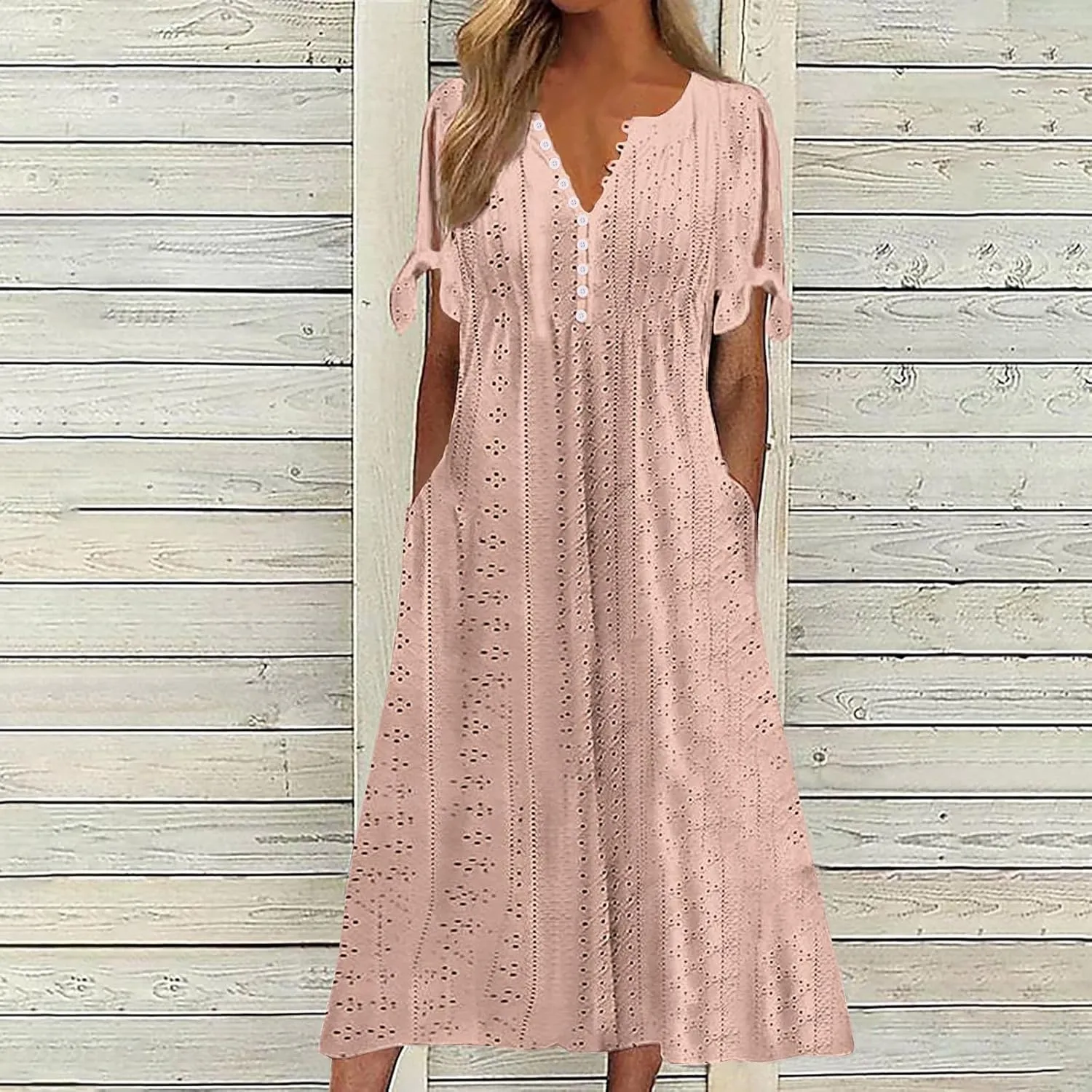 Womens Bohemian Maxi Long Dress V Neck Beach Vacation Dresses Flowy Fashion Casual Travel Outfits with Pockets