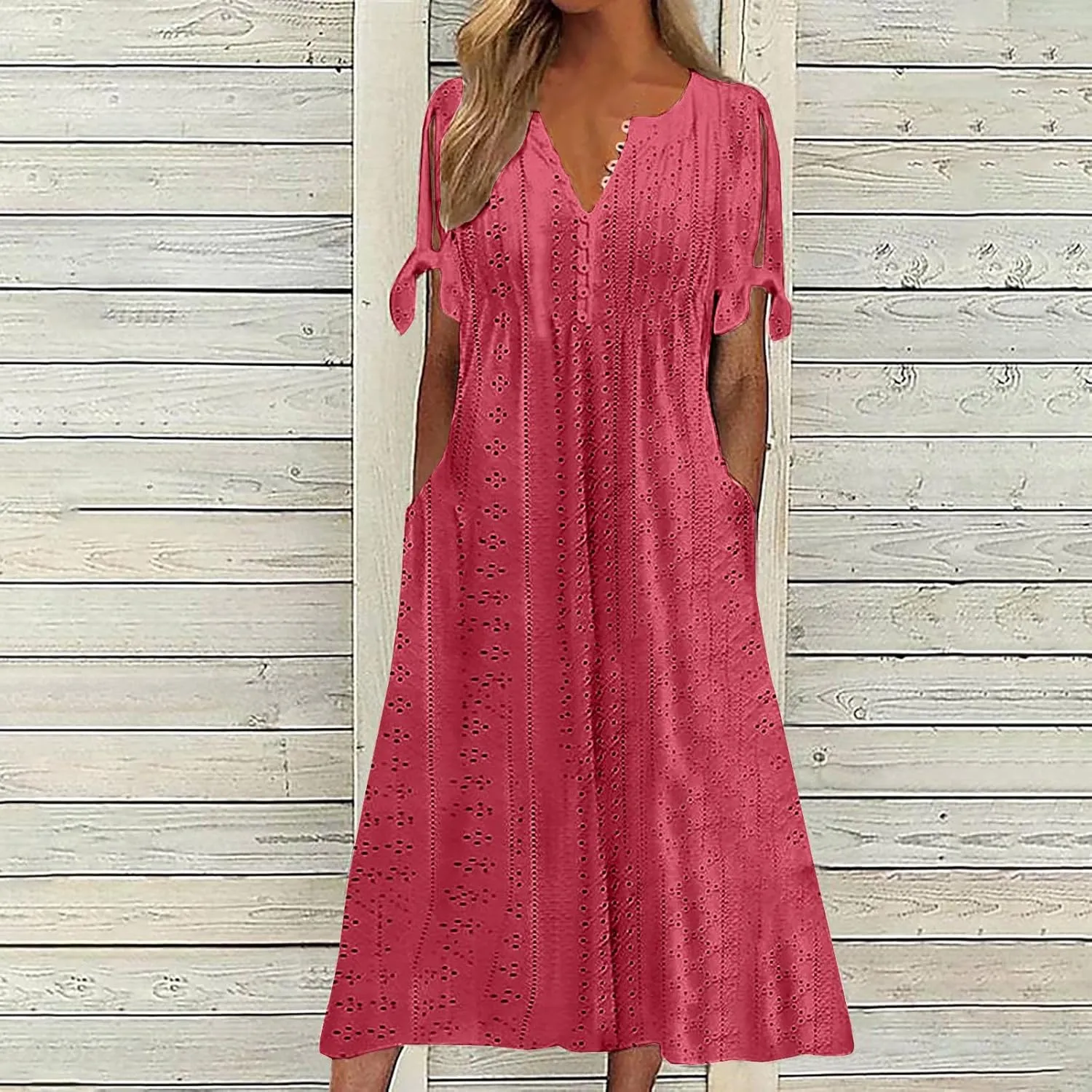 Womens Bohemian Maxi Long Dress V Neck Beach Vacation Dresses Flowy Fashion Casual Travel Outfits with Pockets