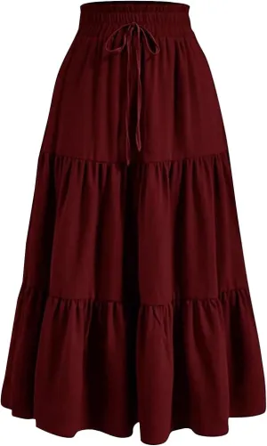 Women’s Boho Elastic High Waist Pleated A-Line Flowy Swing Tiered Maxi Long Skirt Dress with Pockets