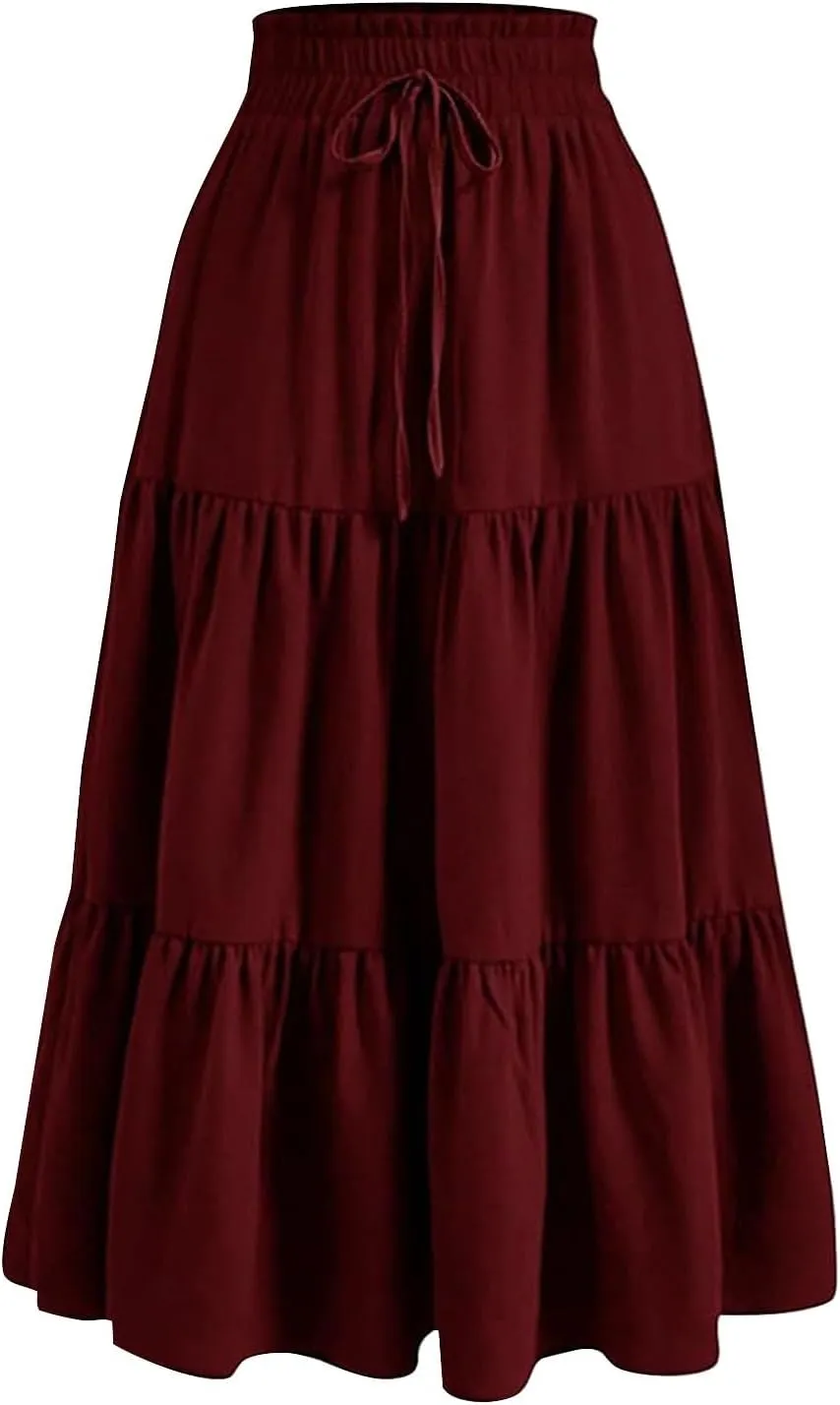 Women’s Boho Elastic High Waist Pleated A-Line Flowy Swing Tiered Maxi Long Skirt Dress with Pockets
