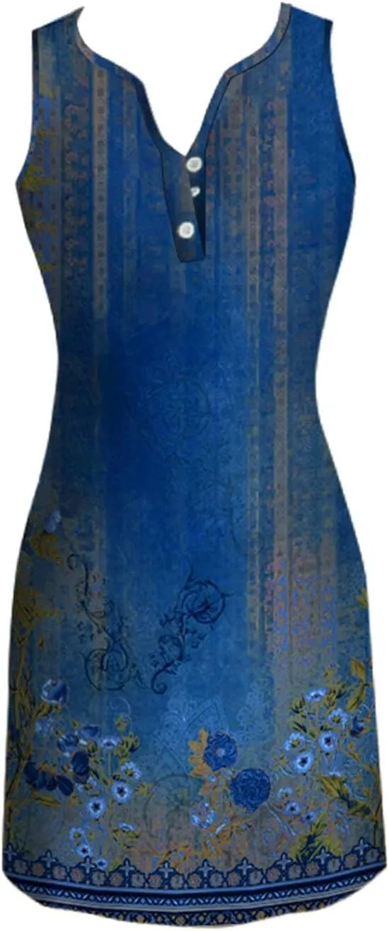 Women's Boho Midi Dress 2024 Summer Casual Sleeveless Button V Neck Trendy Dress Plus Size Floral Sexy Party Dress