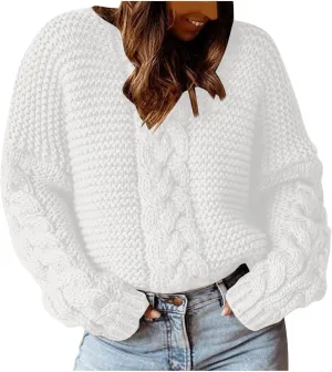Womens Cable Knit Sweater Long Sleeve Chunky Sweaters Warm Loose Casual Trendy Sweaters