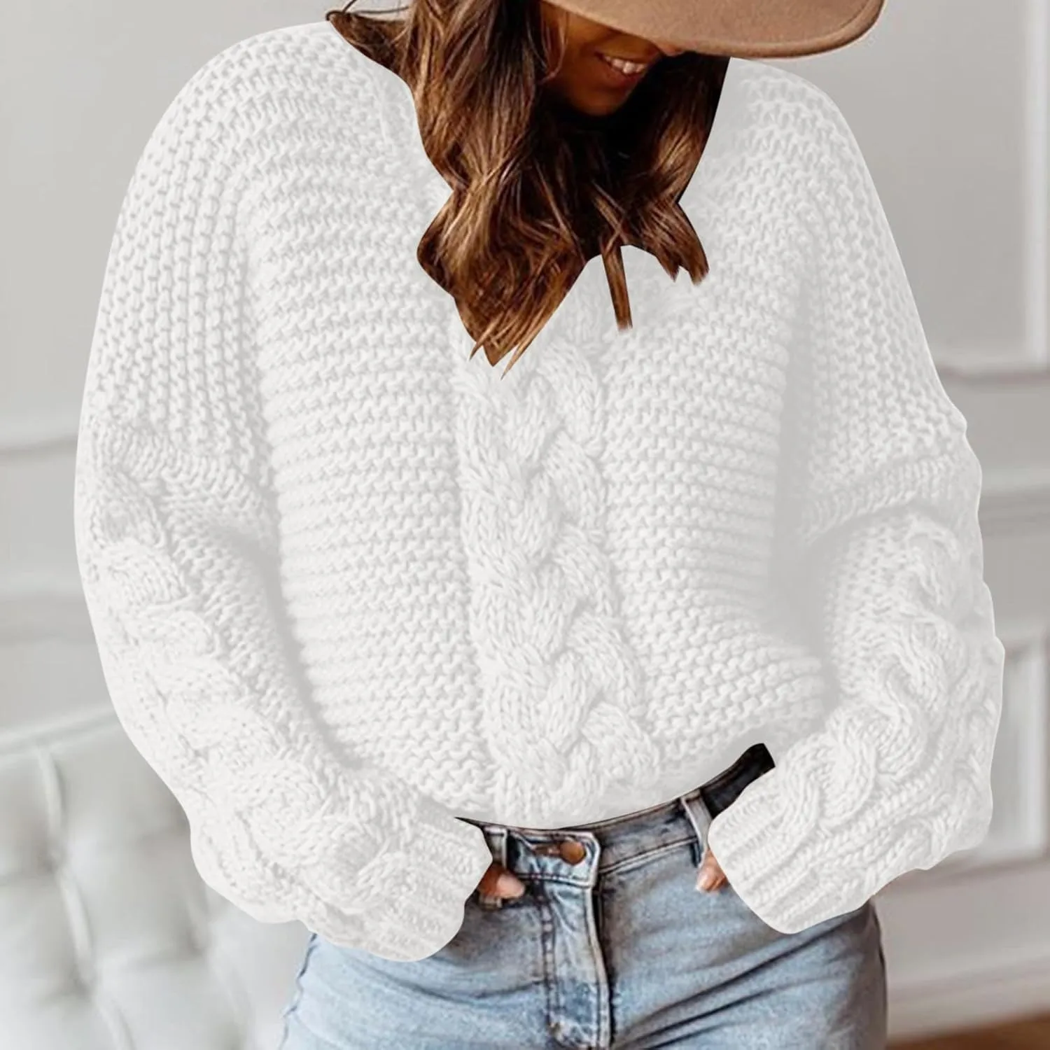 Womens Cable Knit Sweater Long Sleeve Chunky Sweaters Warm Loose Casual Trendy Sweaters
