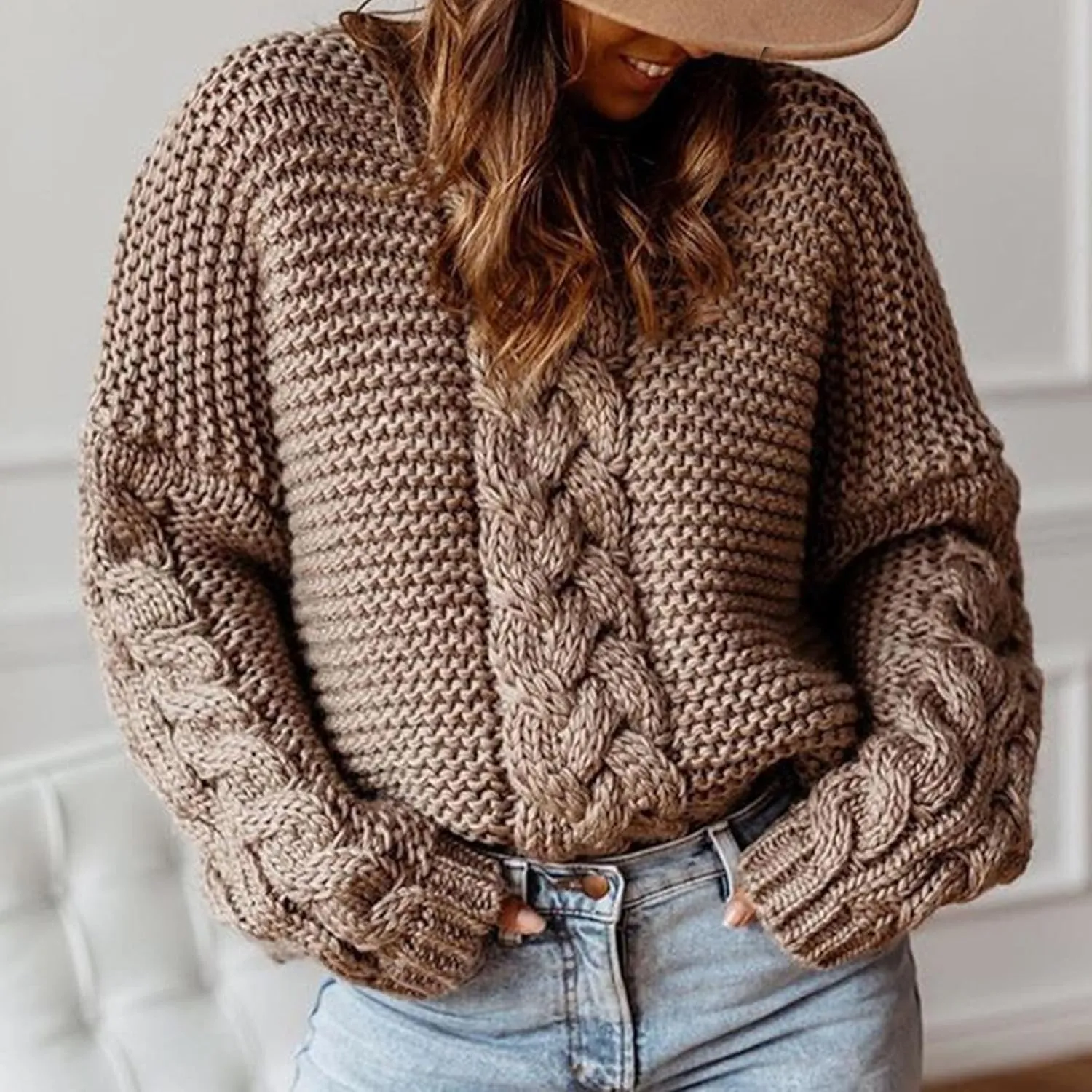 Womens Cable Knit Sweater Long Sleeve Chunky Sweaters Warm Loose Casual Trendy Sweaters